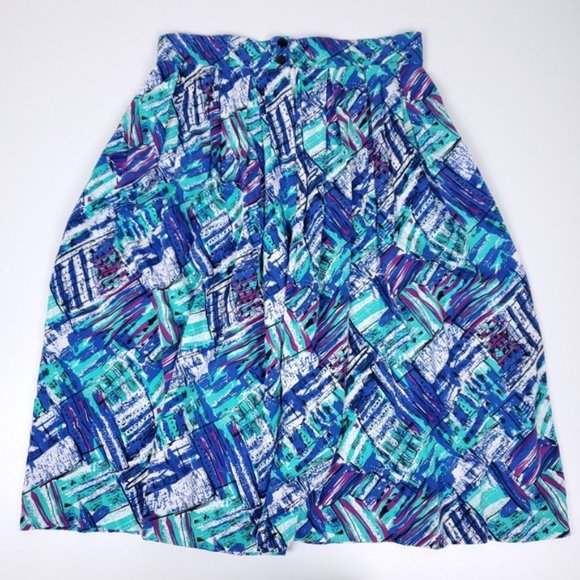 Vintage blue green abstract midi skirt - Picture 2 of 7